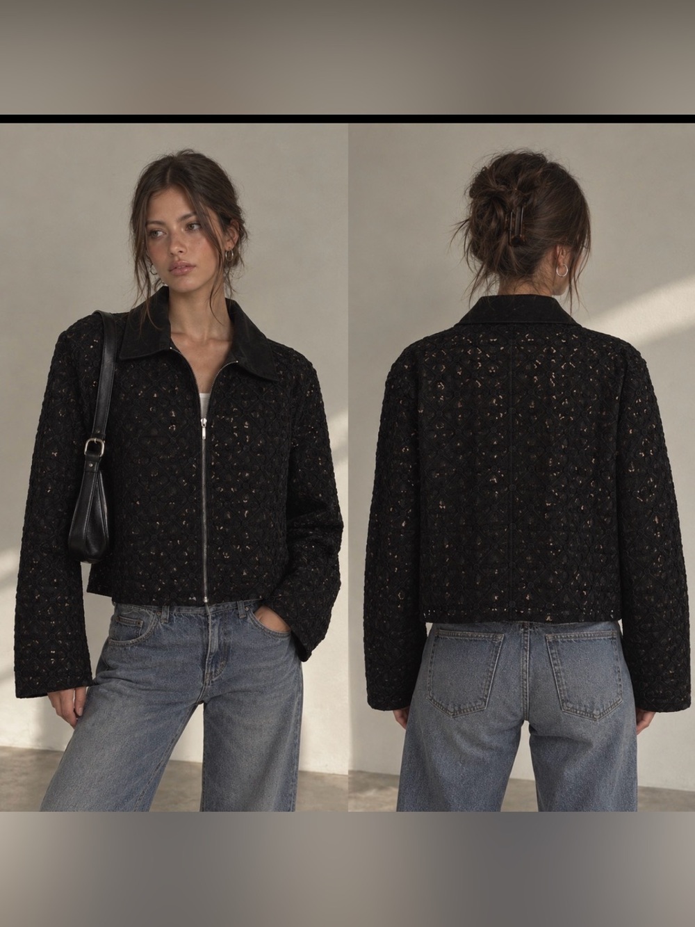 VTG Black Leather Jacket Suede Laser Cut Womens L Dark Feminine Western Boho Y2K